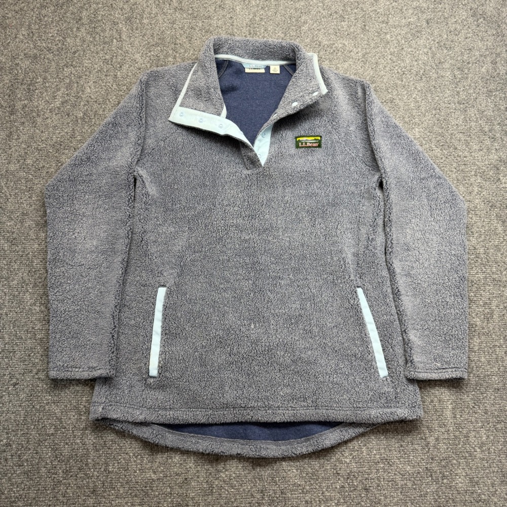 LL Bean Womens S Petite Hi-Pile‎ Fleece Pullover Snap Neck Blue Gray Sherpa